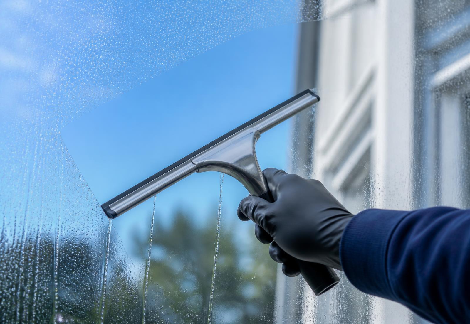 Squeegee pulling a clean stripe across a sunlit residential window
