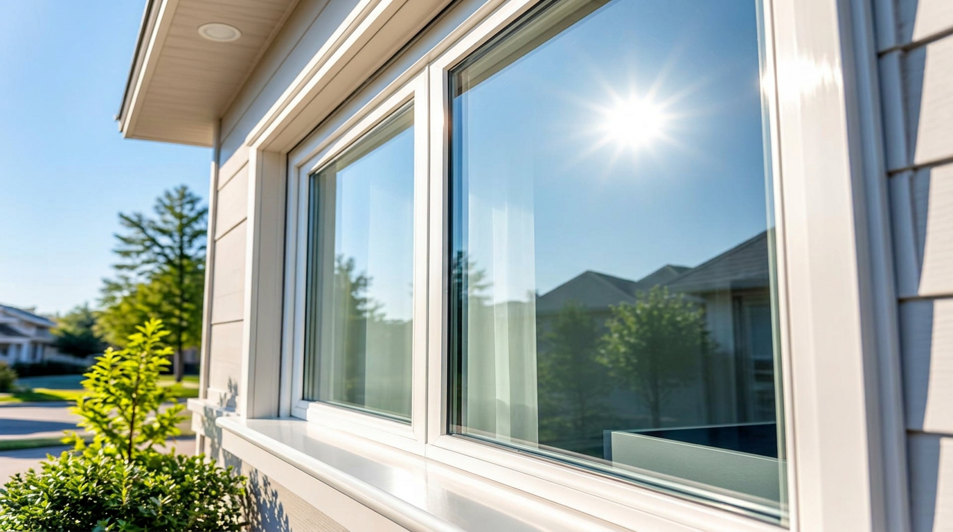 Clean reflective double-pane residential window gleaming in the sun